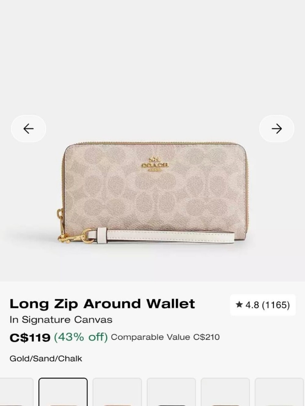 Coach Signature Long Zip Wallet in Gold, Sand, Chalk